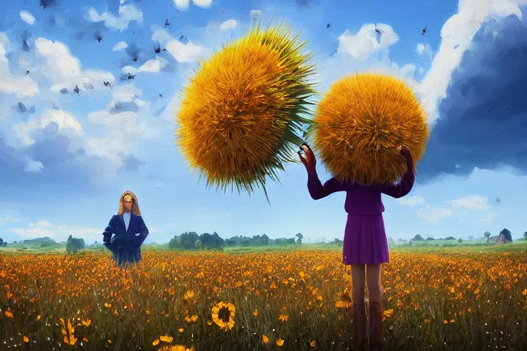 Prompt: giant thistle flower as a head, girl in suit in field of flowers, surreal photography, sunrise, blue sky, dramatic light, impressionist painting, digital painting, artstation, simon stalenhag