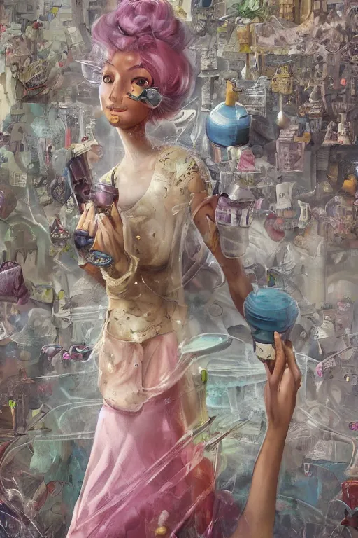 Image similar to highly detailed, industrial photography, profile view of adult princess bubblegum from adventure time, working in her science lab, wearing lab coat, long bubblegum hair, long straight bangs, confident, beautiful, attractive, illustration concept art by nicoletta ceccoli, mark ryden, lostfish, detailed and intricate environment, 8 k resolution, hyperrealistic, octane render