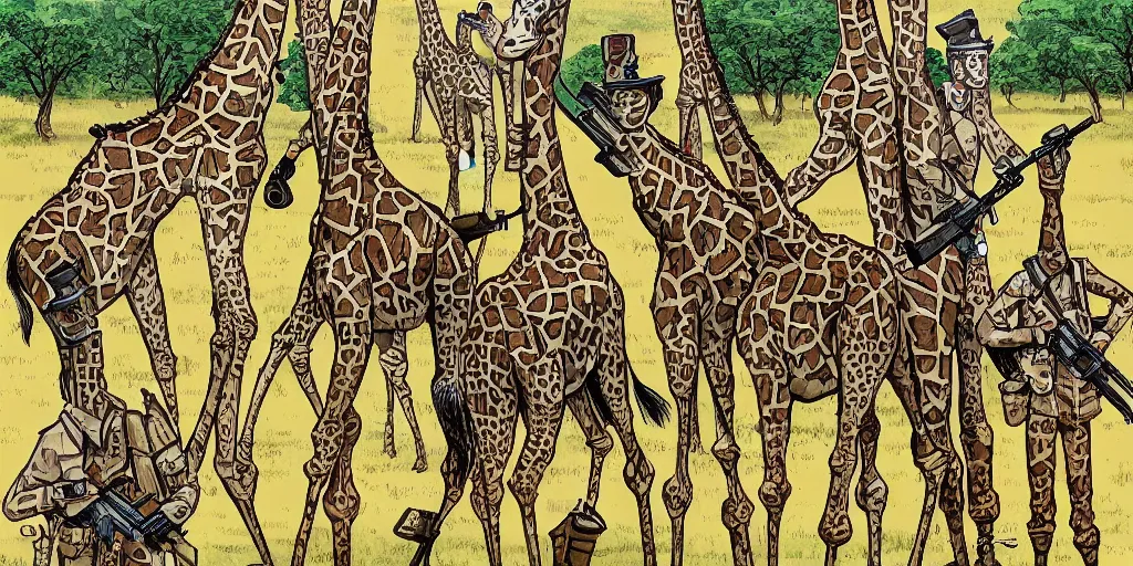 Image similar to giraffe army, holding guns and ammo, illustration, cartoon