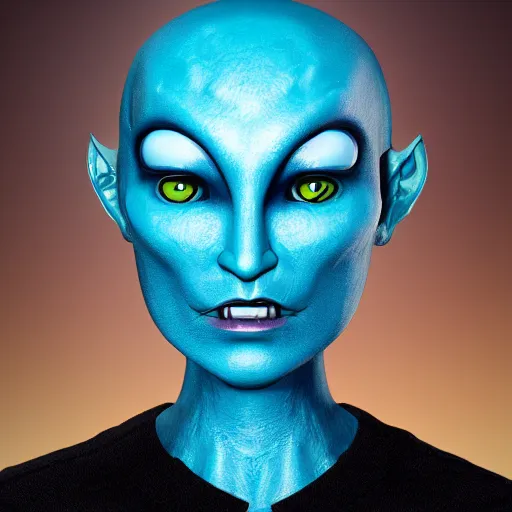 Image similar to a female humanoid alien with blue skin and large black eyes with a short side cut