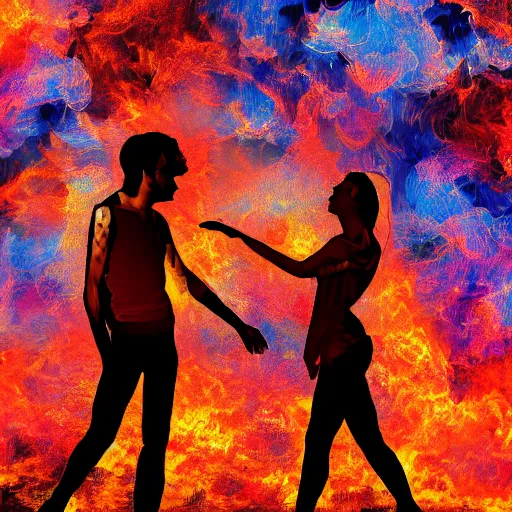 Image similar to young lovers looking into each others eyes while fire burns all around them, digital art high detail,