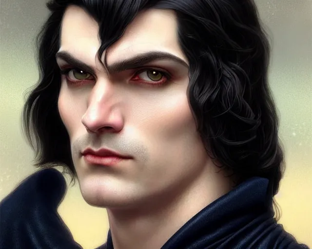 Image similar to handsome male clean shaved face portrait, long black hair blue eyes wearing leather mantle gothic navy cloak with leather details, cliffside town, fantasy character portrait, ultrarealistic, intricate details, elegant, cinematic lighting, highly detailed, artstation, d & d art, cgsociety, sharp focus, beautiful digital painting by artgerm, gerald brom, wlop, alphonse mucha