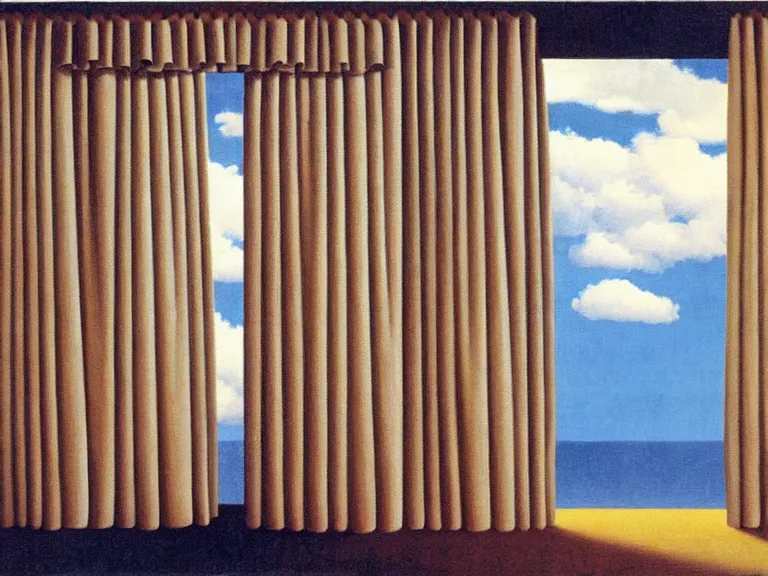 Prompt: curtains with clouds painted on them, painting by rene magritte, centered, high detail, high resolution