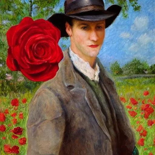 Prompt: A tall man with blue eyes and brown hair stands in the middle of a field of red roses and holds a red rose in his hand. He is wearing a leather wide brim hat and a leather vest, impressionist painting