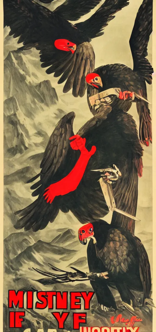 Image similar to mistery man in hood and red eyes with a knife, and a vulture, 1940s propaganda poster, full hd,highly detailed