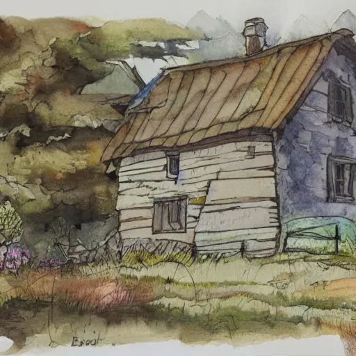 Prompt: a watercolor and ink painting of a cottage, drawn on white parchment paper, vibe, atmosphere, detailed, muted colors, by greg rutowski and ryan berkley