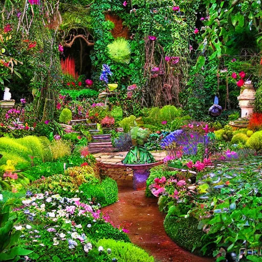 Prompt: a fairytale garden by pablo amaringo
