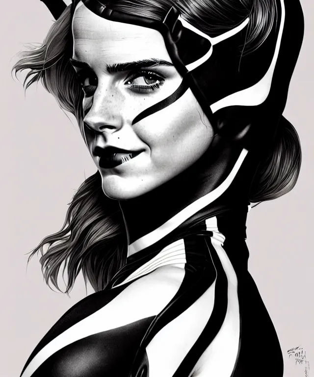 Prompt: a detailed fifty mm portrait of emma watson as a catwoman in a black adidas track suit with white stripes, highly detailed, digital painting, artstation, concept art, sharp focus, cinematic lighting, illustration, art by met mangindaan, artgerm and greg rutkowski, alphonse mucha, cgsociety