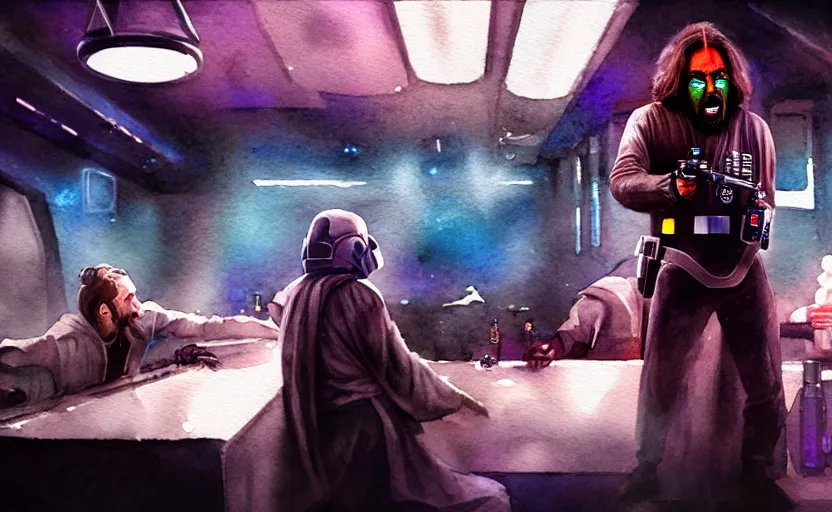 Image similar to an accurate realistic star wars watercolor fantasy concept art of a drug dealer that looks like chris d'elia screaming in a sleazy futuristic bar of coruscant, hq, 4 k