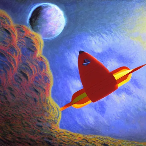 Image similar to A rocketship about to land on an unfamiliar planet, super cool rocket, Acrylic Paint, Concept Art, Digital Art, 16-bit RGB, Global Illumination, by Bob Byerley, by Claude Monet