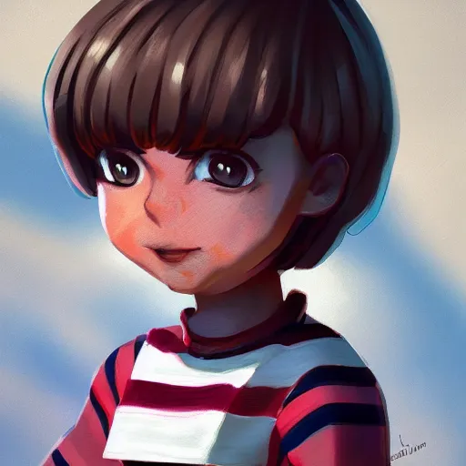 Image similar to Frisk Wearing a striped outfit, digital Painting, ultradetailed, artstation, oil Painting, ultradetailed, artstation