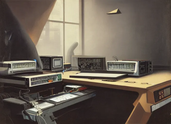 Prompt: still life painting of a retro electronics supercomputer workstation by pieter claesz, oil on canvas, blade runner vibes, syd mead concept art, minimalist, strong lighting, highly detailed, hyper realism, golden hour, god rays, hd, 4 k