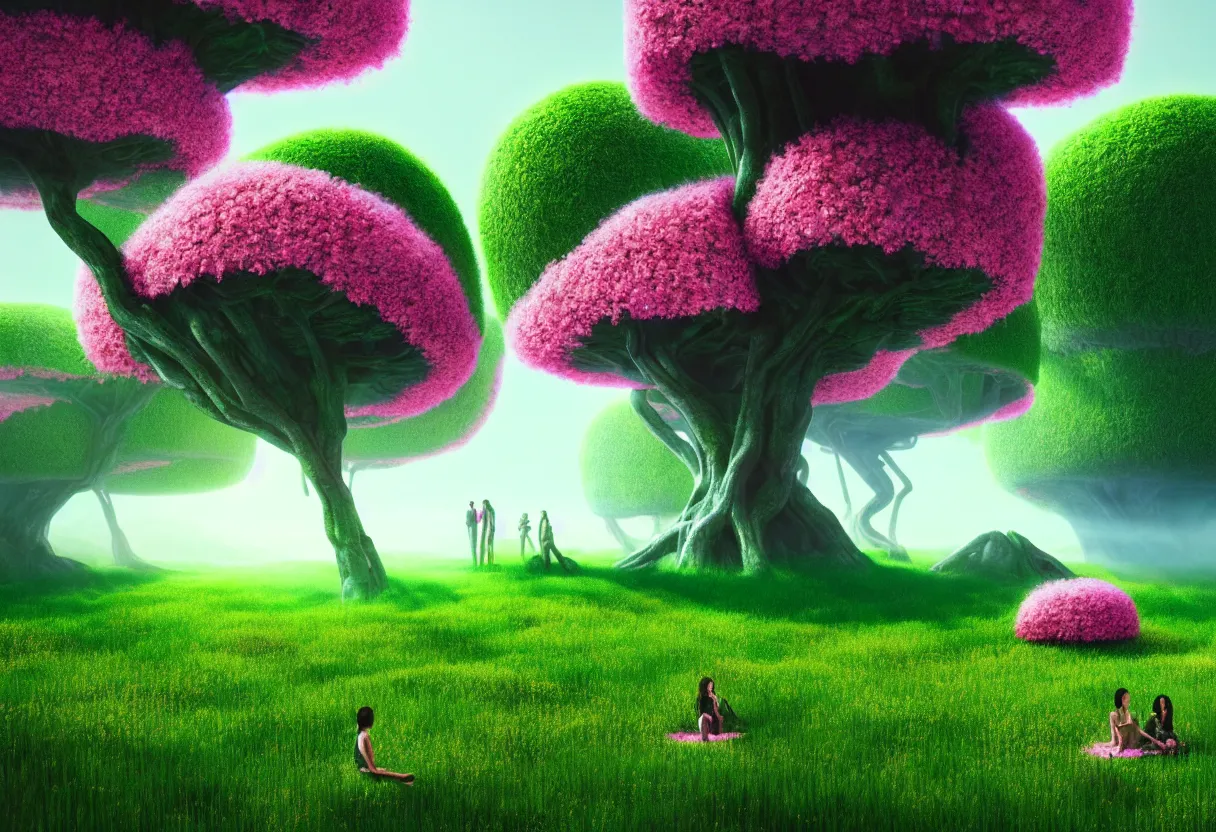 Image similar to inside of alien lush summer green landscape of human mind and imagination with millions of pink flowers, morning fog, matte painting, beautiful render, octane render, concept art