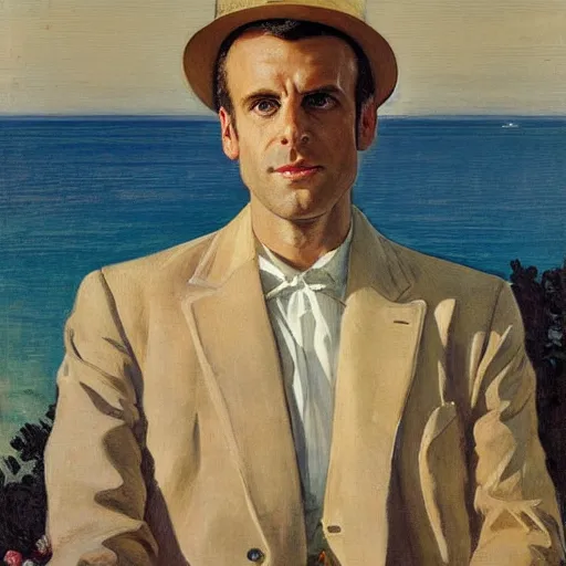 Image similar to a portrait of emmanuel macron wearing a straw hat in a scenic environment by j. c. leyendecker