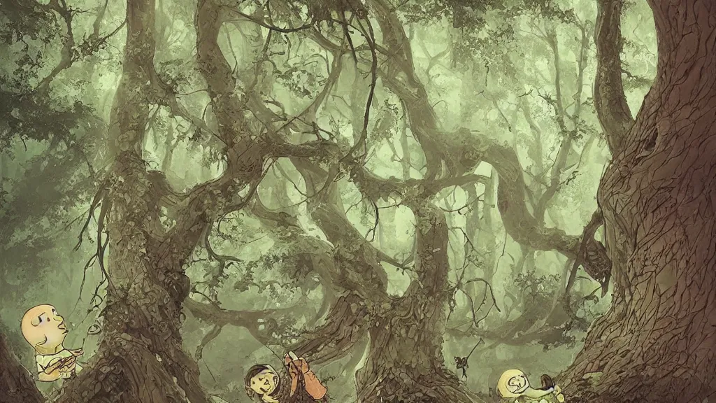 Prompt: once upon a time, there was a kid walking in a forest path, beautiful ancient trees, hiding large treasure chest, serene evening atmosphere, soft lens, soft light, by asaf hanuka, by karol bak, by tony diterlizzi, colored pencil, fine art, scary creature coming out of his mouth, green slime dripping, dark fantasy