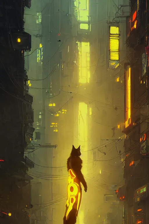Image similar to yellow cat inside a cyberpunk city, highly detailed, digital painting, artstation, concept art, sharp focus, illustration, art by greg rutkowski and alphonse mucha