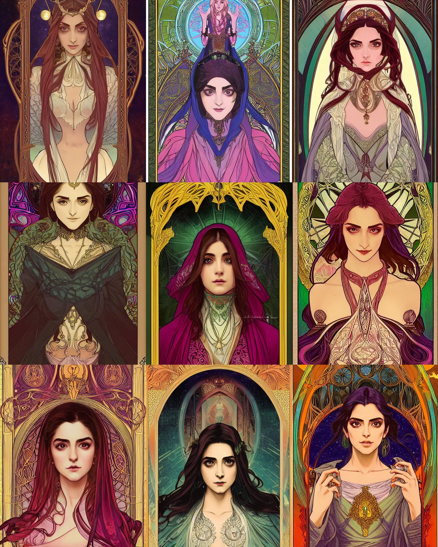Prompt: masterpiece symmetrical centered bust-view portrait, Maya Ali as D&D sorcerer, single head, Neo-Gothic, Art Nouveau style, cell shaded, dreamy atmosphere, wizard robe, fantasy, delicate, elegant, in the style of Moebius ROSSDRAWS and Alphonse Mucha and Ayami Kojima, tarot card style, rich bright colours