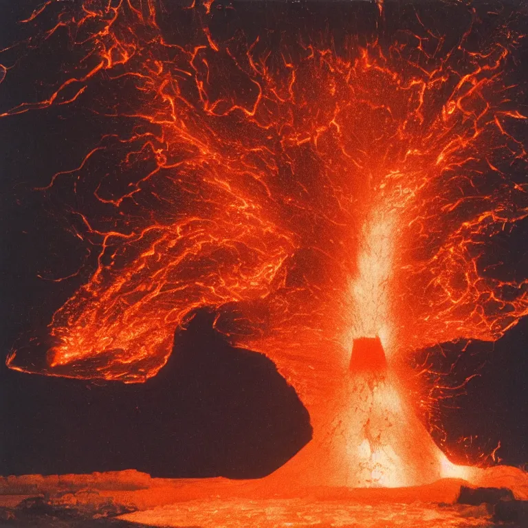 Prompt: A transparent glass Volcano violently spewing lava and giant photorealistic uncooked translucent and transparent sausages into space, dark background, a single jet of lava erupting from the volcano, photograph by William Eggleston