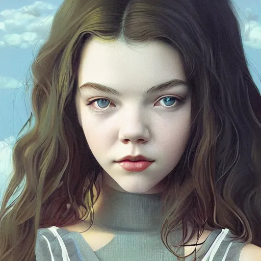 Image similar to a beautiful scenic painting of a beautiful young woman that looks like anya taylor - joy by artgerm and wlop and wes anderson and spike jonze