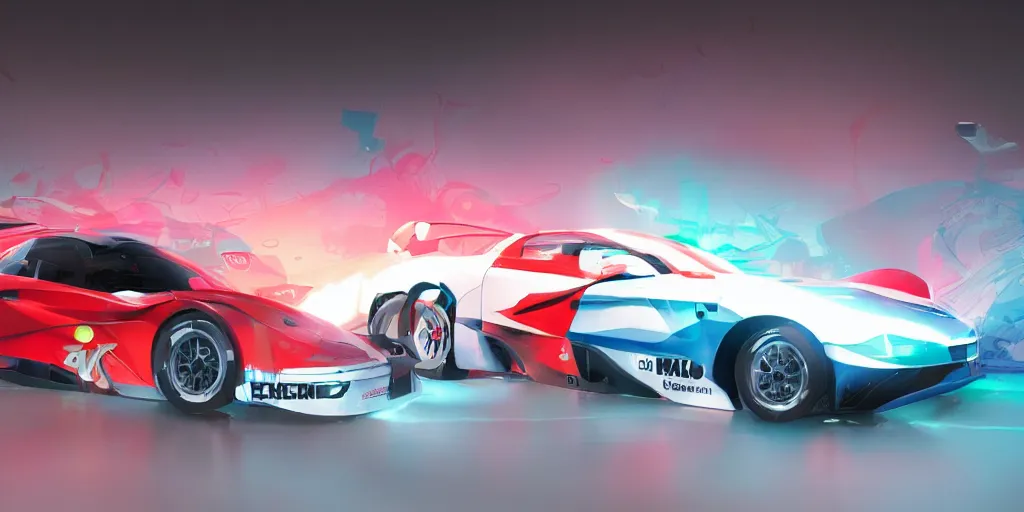 Prompt: sport rally car by sebastian luca and pablo carpio and edgaras cernikas and wang ke and damon greenhalgh, in wide view shot. blank background with some dreamy color lights.