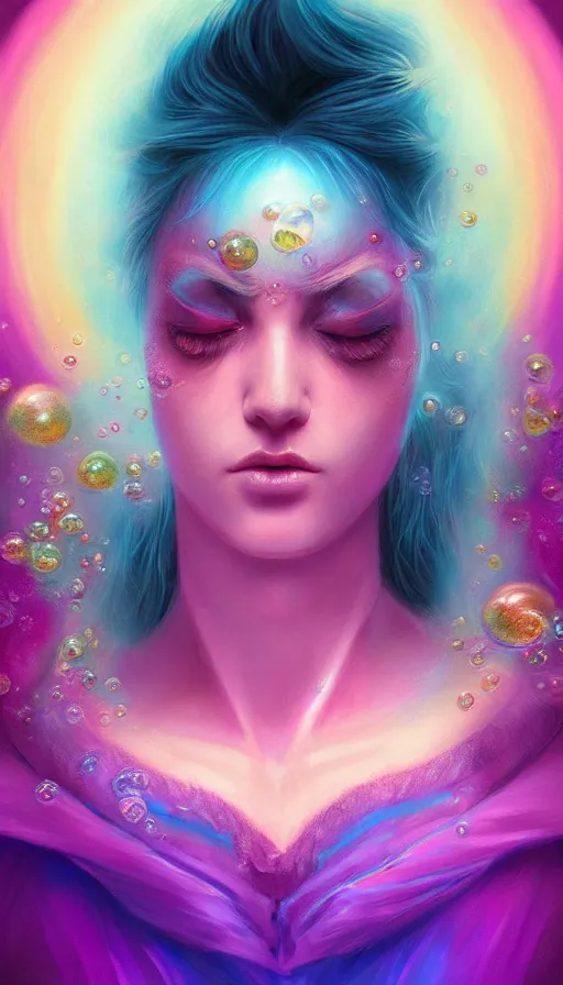 Prompt: portrait of magical daemon, dark fantasy, gradient magenta cyan, dreamy and ethereal, (colour) eyes, one head, golden ratio, peaceful expression, ornate frilly dress, fantasy, intricate, elegant, rainbow bubbles, highly detailed, digital painting, artstation, concept art, smooth,b sharp focus, illustration, art by artgerm and greg rutkowski and alphonse mucha