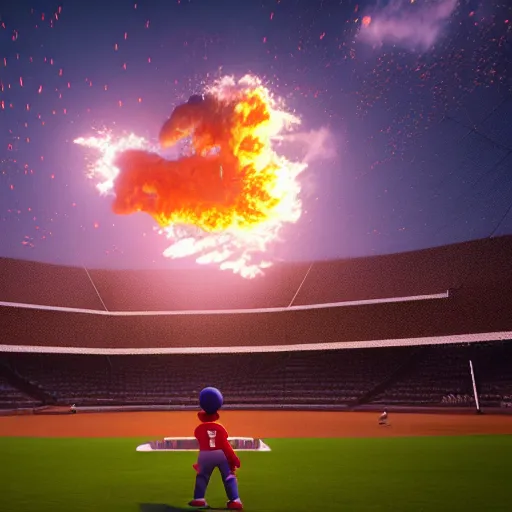 Image similar to disney pixar render of an aberration in the fabric of reality above a little league baseball game, tearing reality apart, everyone looks up at the sky, cinematic lighting, octane render 8 k