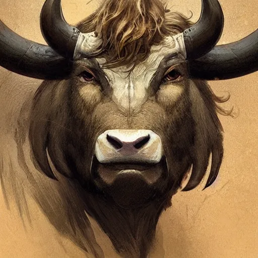 Image similar to ''face portrait of a handsome bull, furry, greek mythology, greece, fantasy, dungeons and dragons, d & d, digital painting, artstation, concept art, sharp focus, illustration, art by greg rutkowski and alphonse mucha''