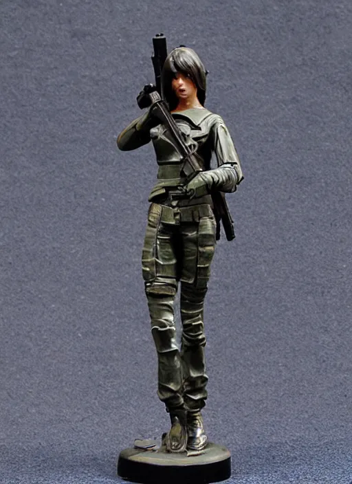 Prompt: Image on the store website, eBay, 80mm Resin figure model of a female with a rifle.