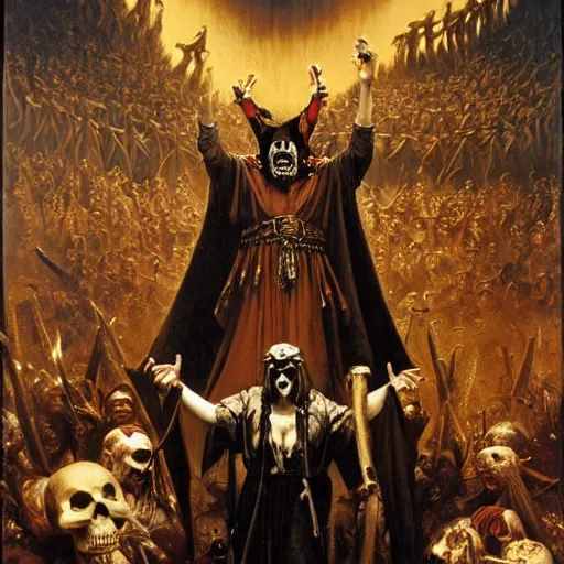 Image similar to dante's inferno, with people in black hooded tunic like in the film eyes wide shut of stanley kubrick, illuminati symbol, crows, skeletons, crosses, dark beauty, rotten gold, perfect faces. highly detailed painting by gaston bussiere and j. c. leyendecker 8 k