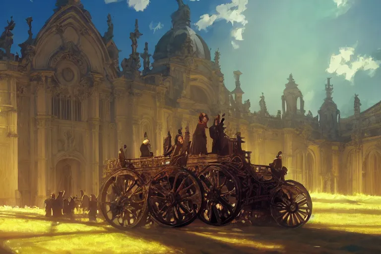 Image similar to a driving ornate baroque church mounted on chainwheels, scene in an open field. key visual, conceptart, ambient lighting, highly detailed, digital painting, artstation, concept art, sharp focus, by makoto shinkai and akihiko yoshida and greg manchess