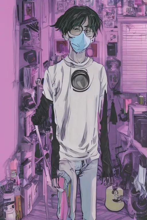 Image similar to a skinny goth guy wearing a face mask standing in a cluttered 9 0 s bedroom, full body character concept art, vaporwave colors, hirohiko araki art, inio asano art,