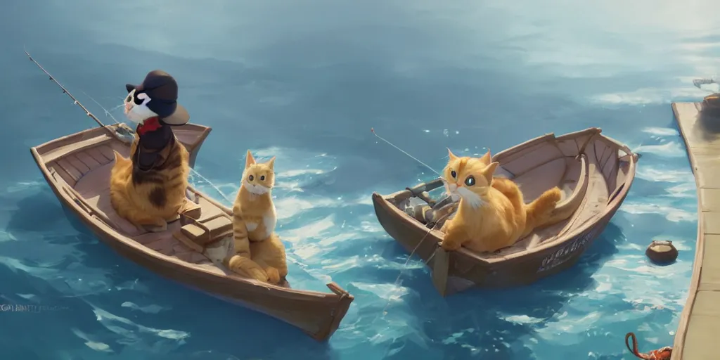 Image similar to a wholesome animation key shot of a cute cat on a fishing boat wearing a sunhat, studio ghibli, pixar and disney animation, sharp, rendered in unreal engine 5, anime key art by greg rutkowski, bloom, dramatic, dynamic lighting