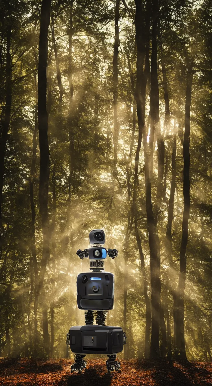 Image similar to a robot portrait in a movie, forest, cinematic shot, sun beams