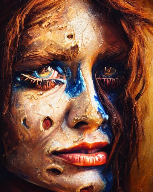 Image similar to oil painting portrait of cowgirl with half of her face burned and one blind eye, high production value, intricate details, high resolution, hdr, high definition, masterpiece, realistic, ultrarealistic, highly detailed, hd, sharp focus, non blurry, sharp, smooth