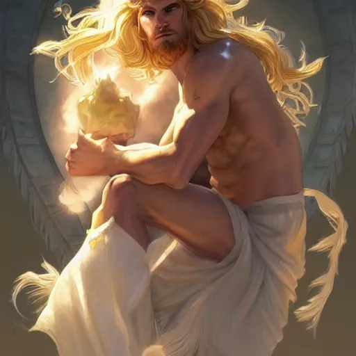 Image similar to Apollo the pale blond Greek God league of legends on his day off, long fluffy curly blond hair, highly detailed, digital painting, artstation, concept art, smooth, sharp focus, illustration, ArtStation, art by artgerm and greg rutkowski and alphonse mucha and Edmund Blair Leighton and Charlie Bowater