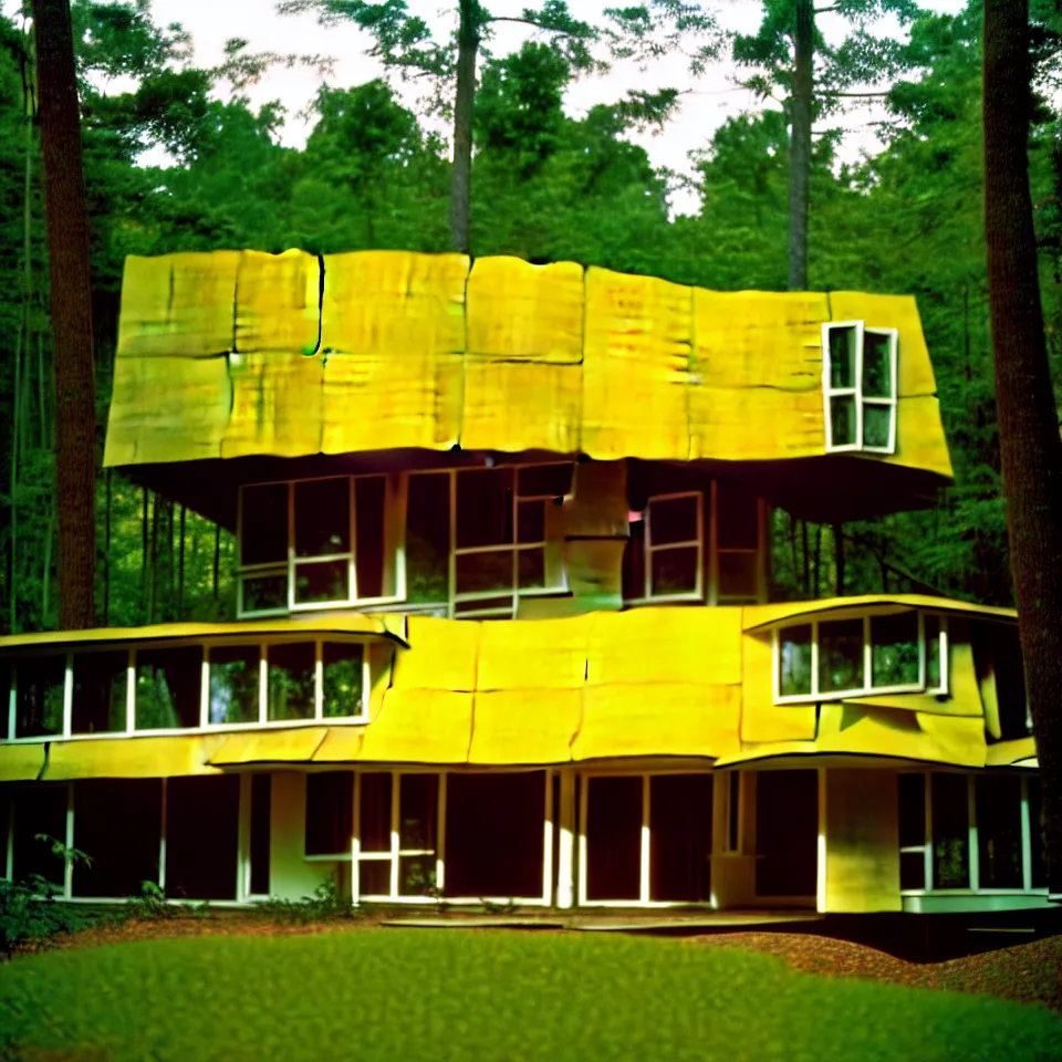 Image similar to a mid-century modern house with big tiles, from far away, in a forest, designed by Frank Gehry. Film grain, cinematic, yellow hue