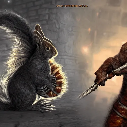 Image similar to squirrel as a dark souls boss using digital art