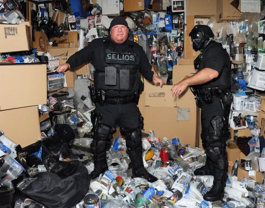 Image similar to Alex Jones in his garage office INFOWARS studio Alex Jones fighting SWAT police, surrounded by boxes of herbal supplements and trash, a group of SWAT police, tear gas and smoke, detailed photograph high quality