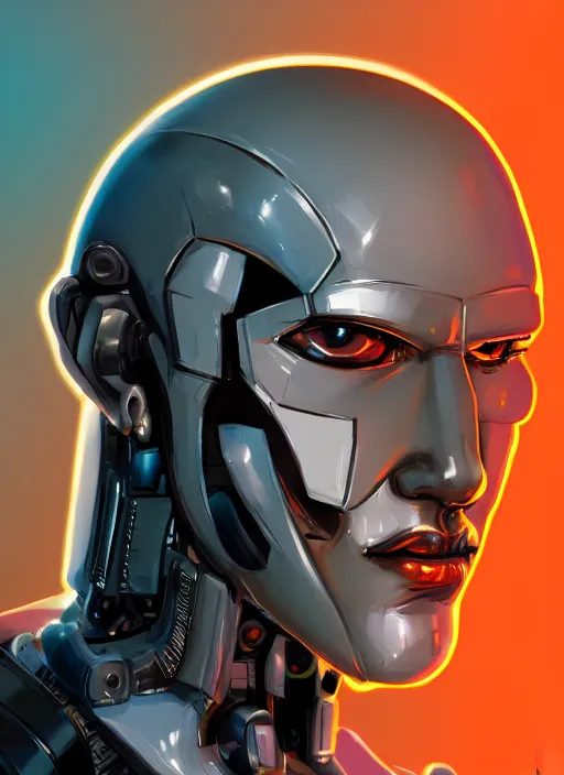 Prompt: bladerunner, cyberpunk, angled facial portrait of a bone ceramic caliente mech humanoid robot Spanish ninja with an attractive bald head and handsome features, large glowing eyes, macho, piroca, dotado, guapo, reflective surface, overwatch, trending on cgsociety, trending on artstation