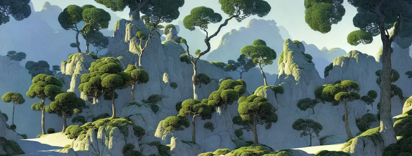 Image similar to a gorgeous very early spring landscape of tree canopies painting by barlowe wayne maxfield parrish and marco mazzoni. tree no leaf!!!! china mountain village!! grey blue and very little light verdancy. the winding stone steps. ultra clear detailed. 3 d, octane render. turbulent blood lake.