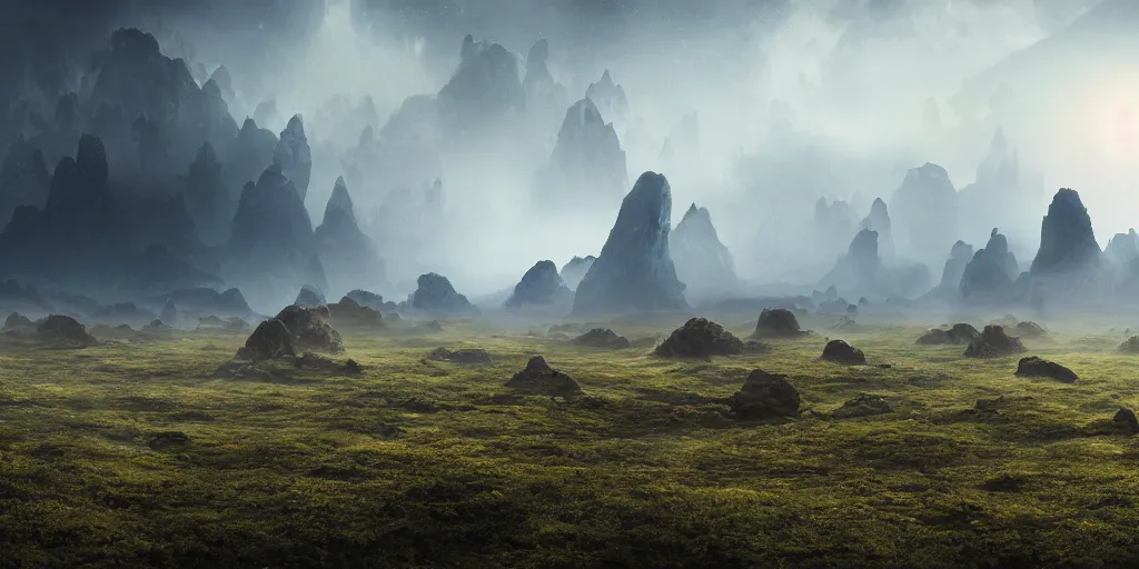 Prompt: A landscape of an alien planet stretching as far as the eye can see, with misty rolling hills on bizarre floating rock formations, vigorous misty mountains, and rainy thunderclouds, raining, landscape photography, landscape imagery, landscape perspective, trending on artstation, artstationHD, artstationHQ, 4k, 8k.