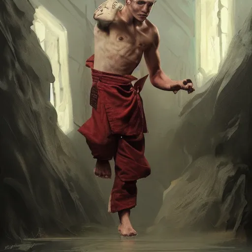Image similar to A detailed matte oil on canvas painting of a young white male martial artist monk, orchid arm tattoos by greg rutkowski, trending on artstationhd, dungeons and dragons art