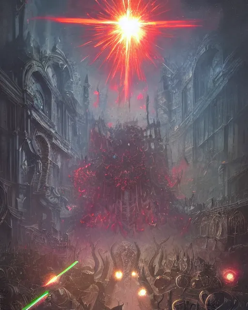 Prompt: Joe Biden with a wide grin shooting laser beams out of his eyes into a crowd, Evil, chaos, hypermaximalist, ornate, horror, Peter Mohrbacher, Marc Simonetti, Mike Mignola, detailed, bloodborne, colorful