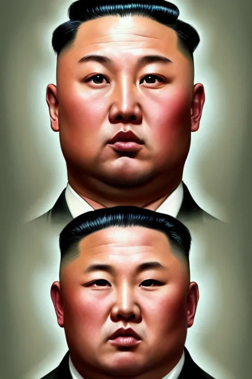 Image similar to vladimir putin with kim jong un hairstyle, realistic portrait, symmetrical, highly detailed, digital painting, artstation, concept art, smooth, sharp focus, illustration, cinematic lighting, art by artgerm and greg rutkowski and alphonse mucha