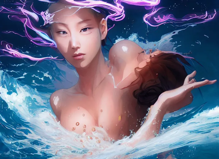 Image similar to seductive lee jin - eun running on water at super speed, emerging from multiversal galactic portal, splashes of lightning behind her, zooming past a small island, by ilya kuvshinov and peter mohrbacher and ruan jia, and m. k. kaluta, rule of thirds, coherent symmetry, close up, majestic, beautiful eyes