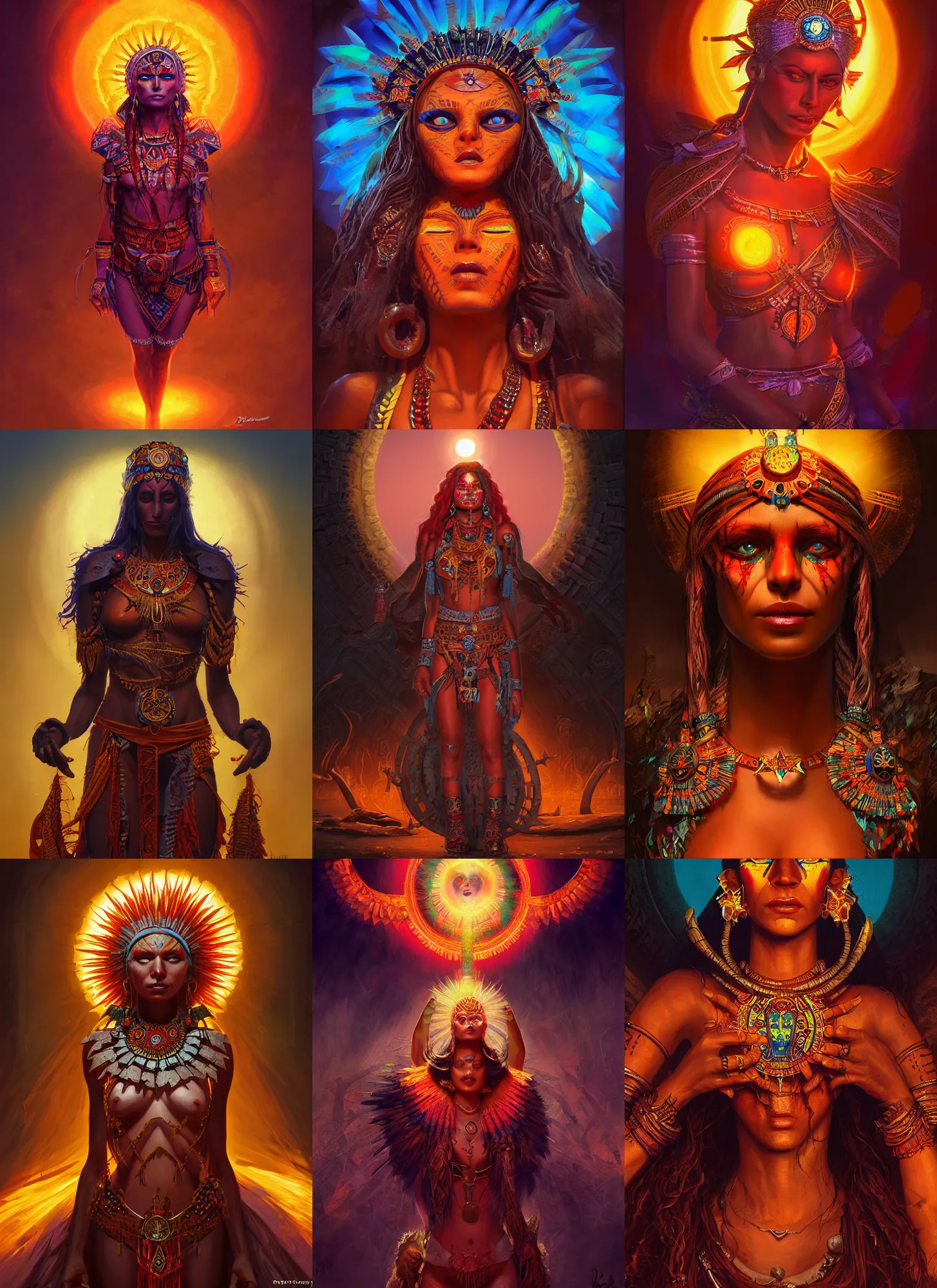 Image similar to aztec sun goddess, vivid colors, dark shadows, contrast, concept art, sharp focus, digital art, Hyper-realistic, 4K, Unreal Engine, Highly Detailed, Dramatic Lighting, Beautiful, by Brom, bastien lecouffe-deharme