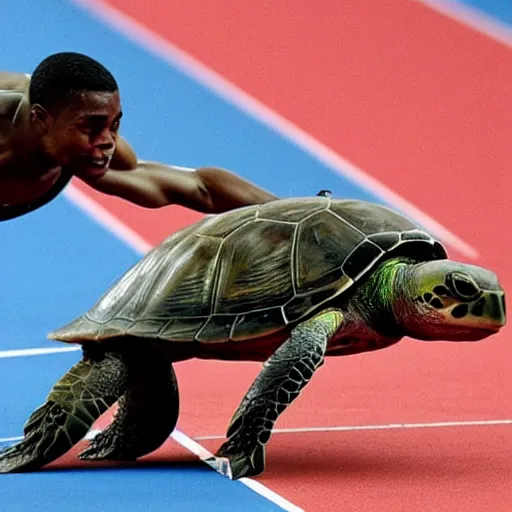 Prompt: A turtle beating men in the final of the 100m at the olympic games