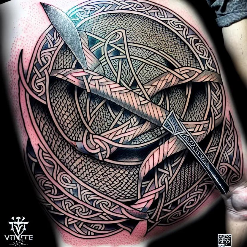 Image similar to shaded tattoo design, minimalist, knotwork with center viking warrior, extremely detailed, bold line art, by vincent di fate and joe fenton and artgerm, holding shield and sword, centered, inking, etching, screen print, inkblots of color, masterpiece, trending on artstation, sharp, high contrast, hyper realistic, hd, 4 k, 8 k