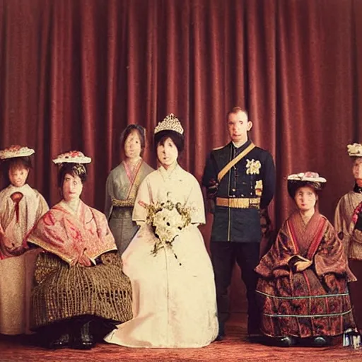 Image similar to a wide full shot, colored russian and japanese mix historical fantasy of a photograph portrait taken of a royal wedding ceremony, photographic portrait, warm lighting, 1 9 0 7 photo from the official wedding photographer for the royal wedding.