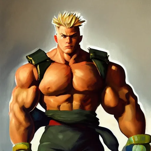 Prompt: greg manchess portrait painting of guile from street fighter as overwatch character, medium shot, asymmetrical, profile picture, organic painting, sunny day, matte painting, bold shapes, hard edges, street art, trending on artstation, by huang guangjian and gil elvgren and gerald brom